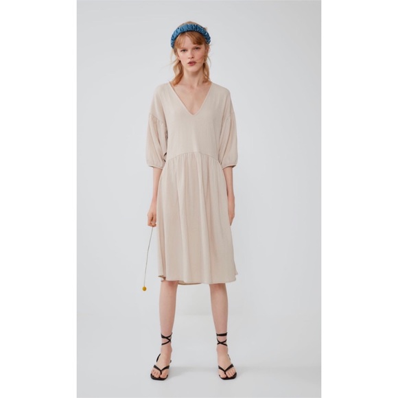 Zara Dresses & Skirts - Zara Voluminous Textured Weave Dress Ivory V-Neck